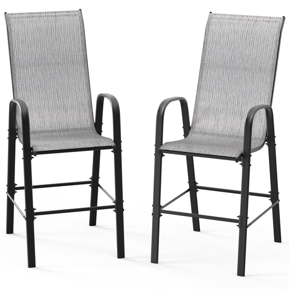 FASCK Set of 2 Stackable Outdoor Bar Stools – Sling Chairs with High Back & Armrests, for Lawn, Garden, Bar,Grey