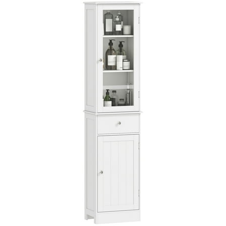 FASCK Slim Bathroom Storage Cabinet, Tall Bathroom Cabinet, Narrow Linen Tower with Acrylic Door, Drawer and Shelves,White