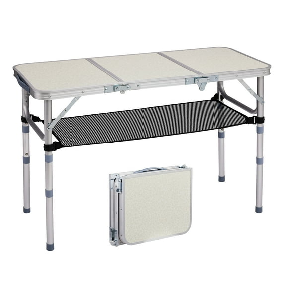 FASCK Small Folding Table Portable 3FT Aluminum Foldable Camping Table for Picnic Card Table with 3 Adjustable Height & Carry Handle for Outdoor Indoor Hiking Camp BBQ Beach,White