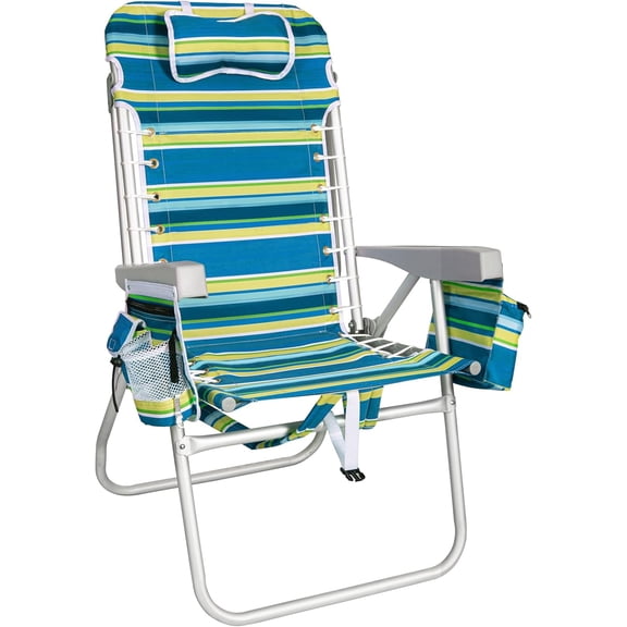 FASCK Tall Beach Chair Extra Wide for Adults, 17" High Seat Backpack Beach Chair with Cooler Bag, Cup & Phone Holder, 5-Position High Back Reclining Chair with Towel Bar & Zipper Pocket, Blue Stripes