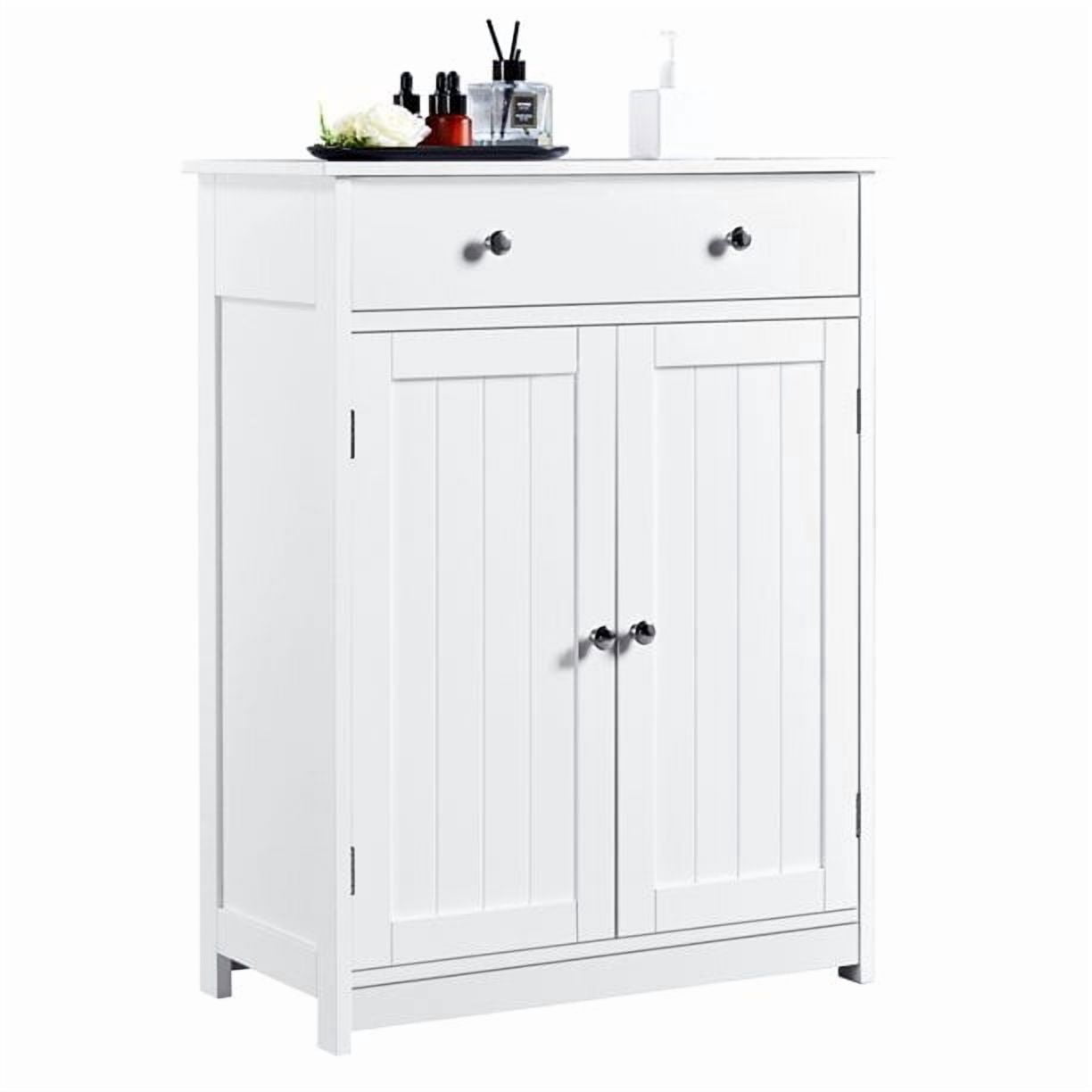 FASCK Wooden Bathroom Storage Cabinet, Modern Bathroom Organizer Cabinet with 3 Heights Adjustable Shelf, Drawer & 2-Door Shelf for Living Room Entryway, Easy Assembly, White
