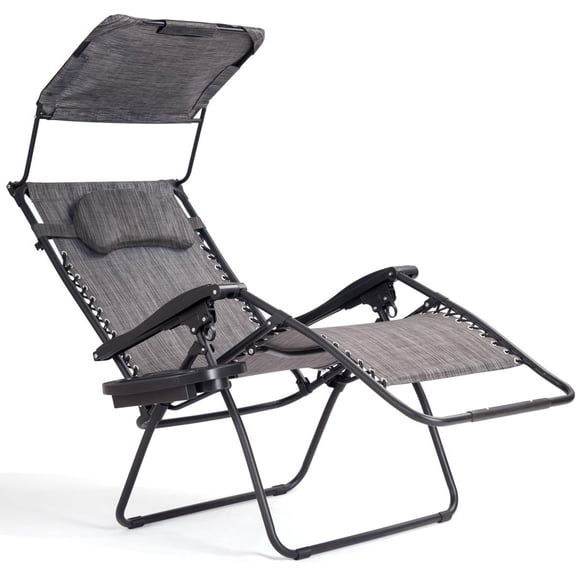 FASCK Zero Gravity Chairs, X-Large Folding Lounge Lawn Chair w/Canopy Shade & Cup Holder, Adjustable Folding Patio Recliner for Pool Porch Deck Oversize (Grey)