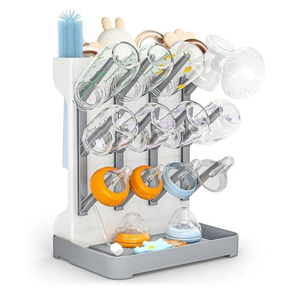 Baby Bottle Drying Rack - Large Vertical Bottle Dryer Rack Holder, Space Saving Countertop Drying Rack Baby Accessory for Baby Bottles and Pump Parts (Gray)