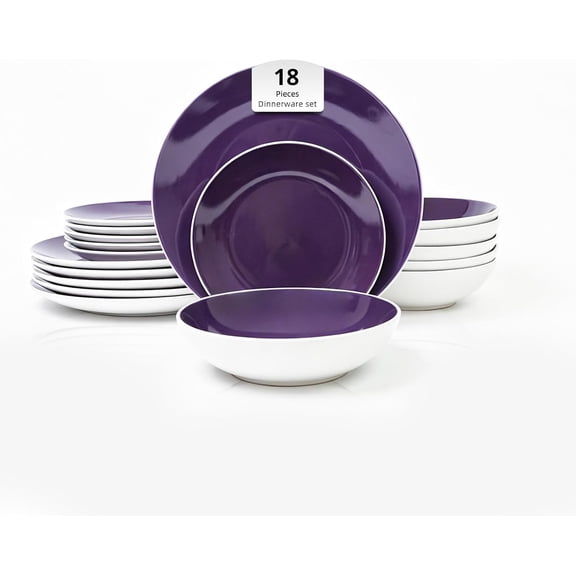 FASHENG 18pc Stoneware Dinnerware Set, Service for 6, Purple White Two-Tone, Microwave Dishwasher Oven Safe