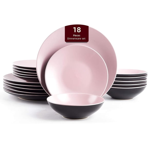 FASHENG 18pc Stoneware Dinnerware Set, Service for 6, Two-Tone Rose & Black, Matte Glaze, Dishwasher Microwave Safe