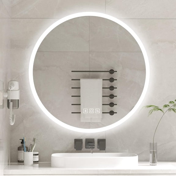 FASHENG 20 Inch Round Bathroom Mirror with Lights, Wall Mounted Led Bathroom Mirror with Sensor Touch Control, Dimmable, 3 Colors, Smart Memory Function