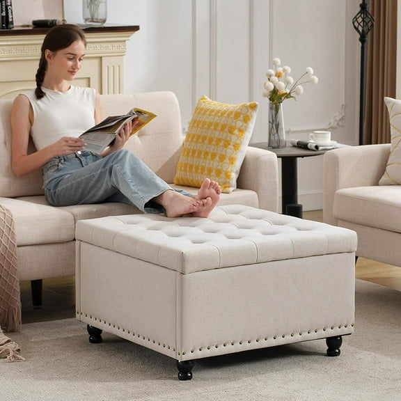 FASHENG 30" Large Square Storage Ottoman Bench, Tufted Upholstered Coffee Table, Toy Box Footrest for Living Room, Beige