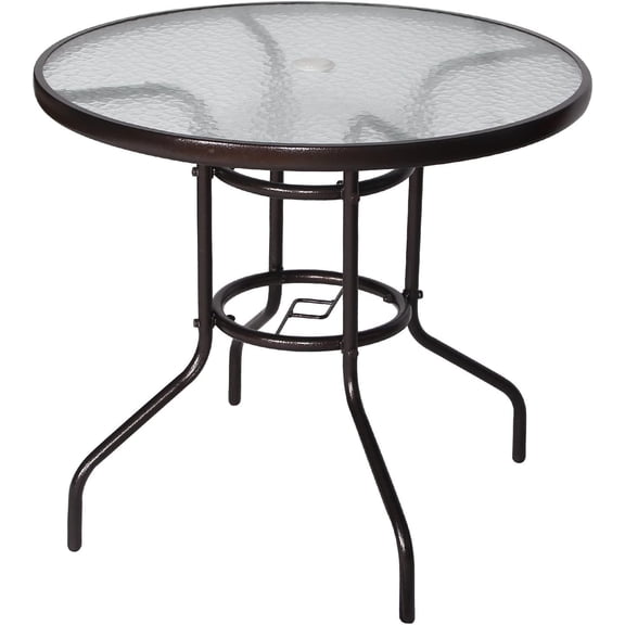 FASHENG 32" Outdoor Dining Table Patio Tempered Glass Table Patio Bistro Table Top Umbrella Stand Round Table Deck Garden Home Furniture Table, Dark Chocolate