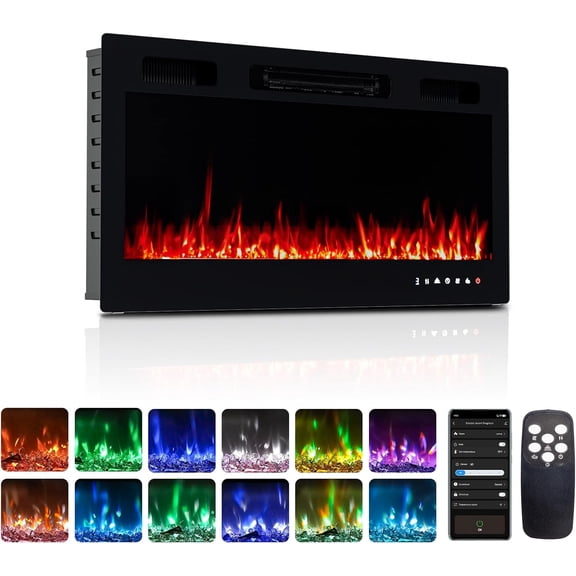 FASHENG 36" Electric Fireplace, 2-in-1 Wall Mounted & Recessed Heater w/ Remote & APP, 1500W, 12 Flame Colors, 5 Brightness, Timer, Crystal Set