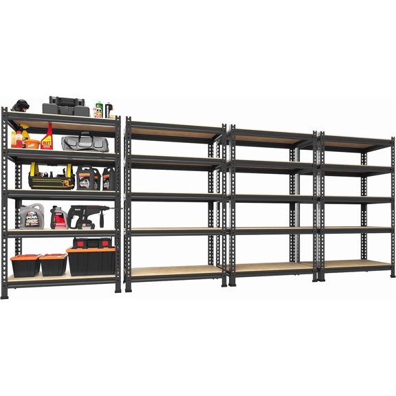 FASHENG 4-Pack 5-Tier Adjustable Garage Storage Shelves, Heavy Duty Metal Utility Rack for Warehouse, Pantry, Closet, Kitchen, Basement - Black