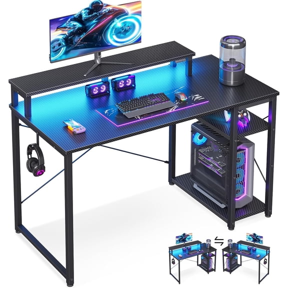 FASHENG 40 Inch Small Gaming Desk with Storage & Led Lights, Computer Desk with Shelf, Reversible Gamer Desk with Monitor Stand, Carbon Fiber Texture Black