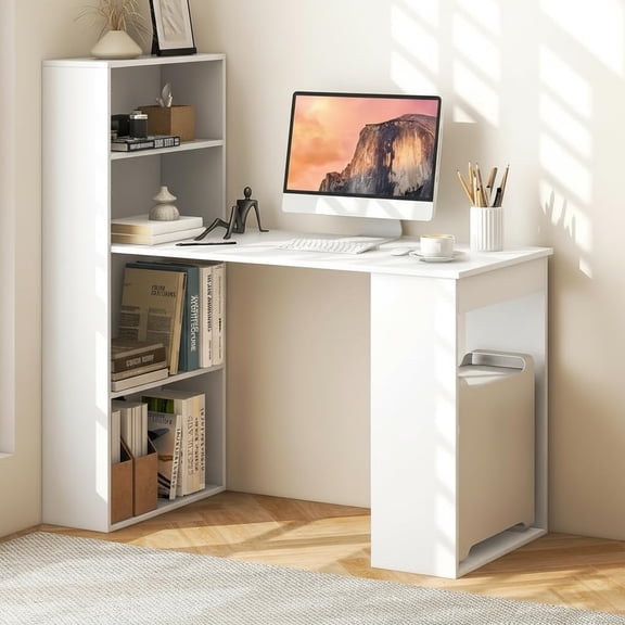 FASHENG 48" White Computer Desk w/Bookshelf, Storage Shelves & CPU Stand, Modern Compact Writing Study Workstation for Home Office, Space-Saving