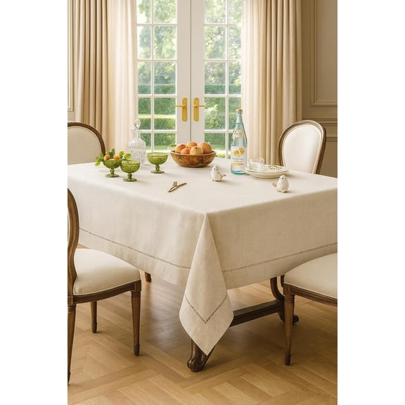FASHENG 65x180" Rectangular Tablecloth, Handmade Hemstitch Design, Natural Beige Linen Blend, Machine Washable Indoor Outdoor