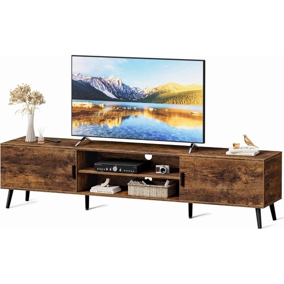FASHENG 70.9" TV Stand for 65/75 Inch TV, Entertainment Center w/Adjustable Shelf, 2 Cabinets, Cord Holes, Rustic Brown