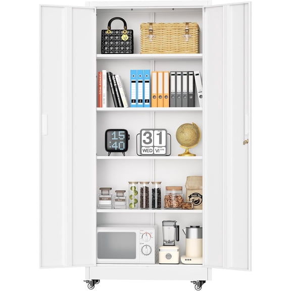 FASHENG 73" Lockable Metal Storage Cabinet w/Wheels, 2 Doors, 4 Adj. Shelves - Garage, Office, Kitchen Pantry, White