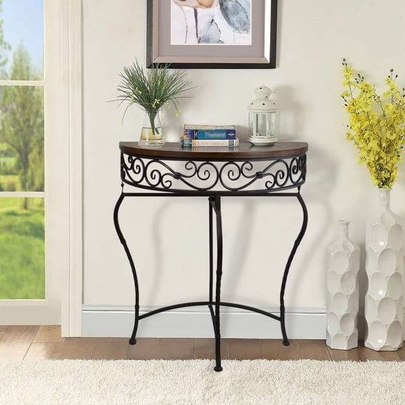 FASHENG Boston Foldable Half Moon Console Table, 28" Accent Demilune Sofa Table for Living Room, Entryway, Kitchen, Black/Dark Brown
