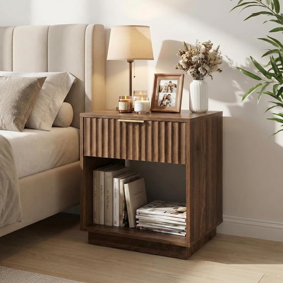 FASHENG Fluted Wood Nightstand with Hidden Compartment, Rustic Brown End Table with Wavy Drawer and Open Shelf, Industrial Farmhouse Bedside Table for Bedroom and Living Room