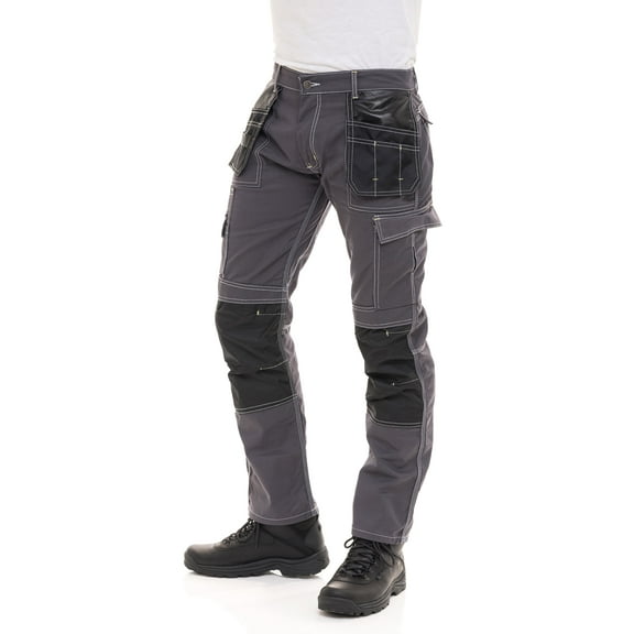 FASHIO FF Mens Construction Pants Utility Tool Pockets Carpenter Cordura Knee Reinforced Work Wear Safety Trousers B2 Gray W30-L30