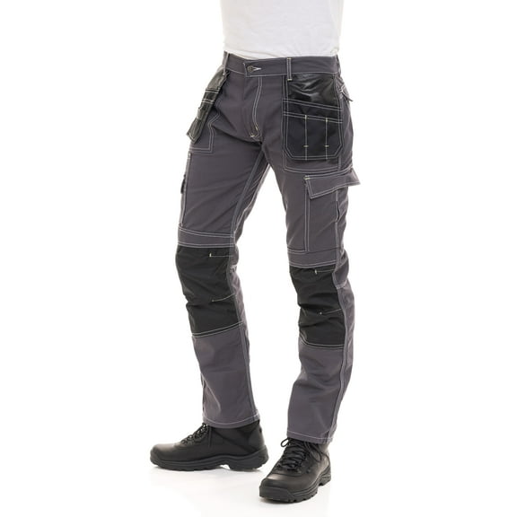 FASHIO FF Mens Construction Pants Utility Tool Pockets Carpenter Cordura Knee Reinforced Work Wear Safety Trousers B2 Gray W30-L30