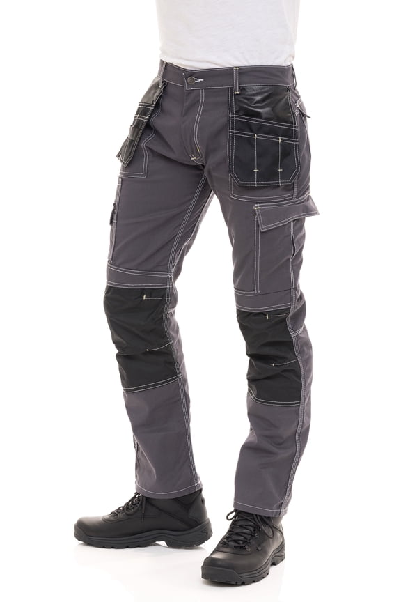FASHIO FF Mens Construction Pants Utility Tool Pockets Carpenter Cordura Knee Reinforced Work Wear Safety Trousers B2 Gray W30-L30
