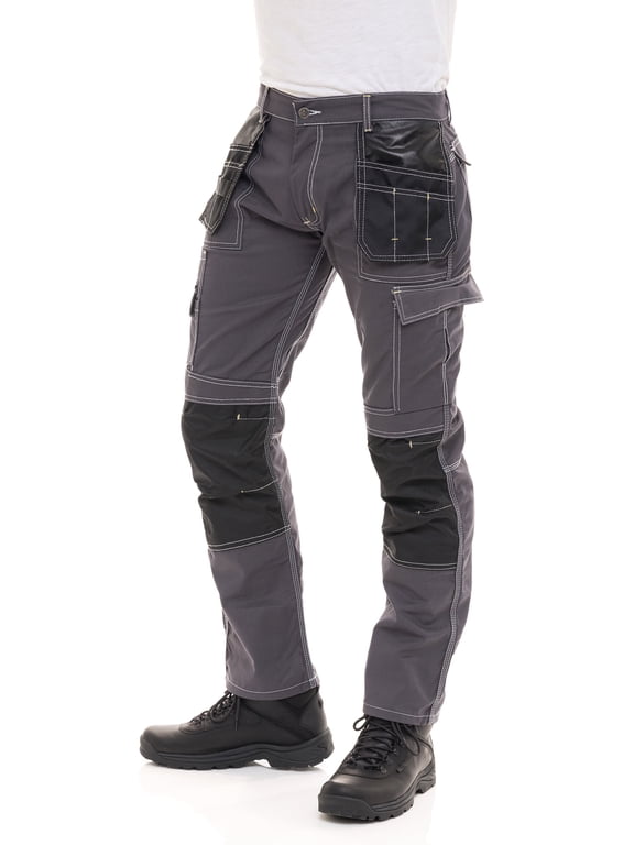FASHIO FF Mens Construction Pants Utility Tool Pockets Carpenter Cordura Knee Reinforced Work Wear Safety Trousers B2 Gray W36-L34
