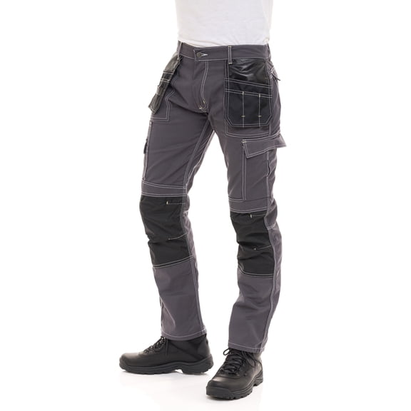 FASHIO FF Mens Construction Pants Utility Tool Pockets Carpenter Cordura Knee Reinforced Work Wear Safety Trousers B2 Gray W38-L32