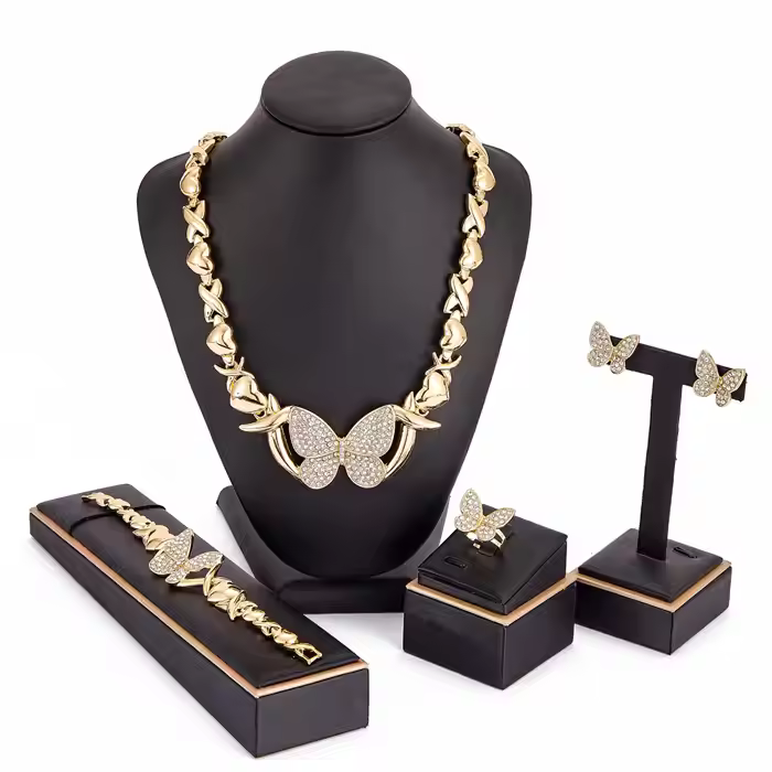 FASHION BUTTERFLY PENDANT JEWELRY SET SHINY NECKLACE EARRINGS BRACELET AND RING FOUR PIECES SET, ELEGANT AND ROMANTIC WOMEN'S JEWELRY SET PERFECT FOR WEDDING GIFT