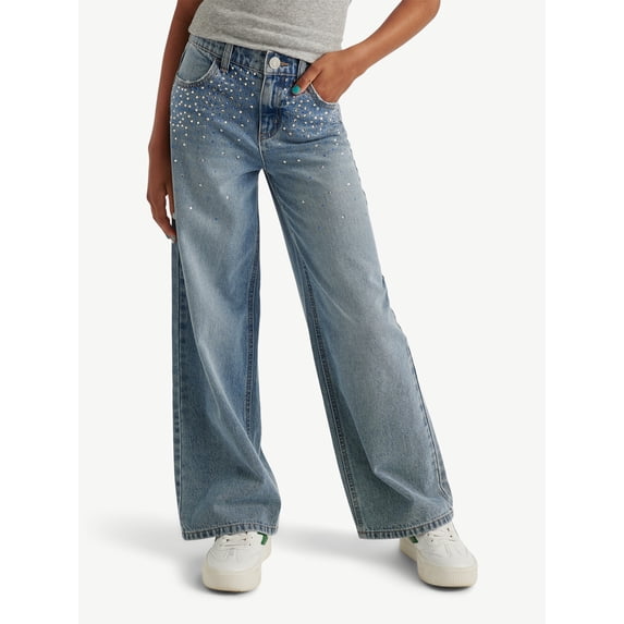 Justice Girls Wide Leg w/ Rhinestones Jeans, Sizes 6-18, Slim & Plus