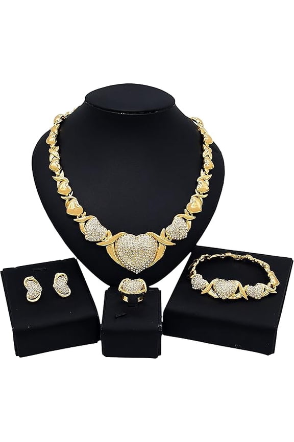 FASHION HEART PENDANT JEWELRY SET SHINY NECKLACES EARRINGS BRACELET AND RING FOUR PIECE SET ELEGANT AND ROMANTIC WOMEN'S JEWELRY GIFT