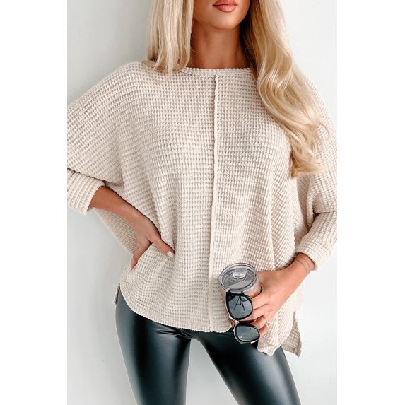 FASHION JUNKY Apricot Waffle Knit Splits Batwing Sleeve Oversized Top (Apricot, S, 70%Polyester+27%Viscose+3%Elastane)