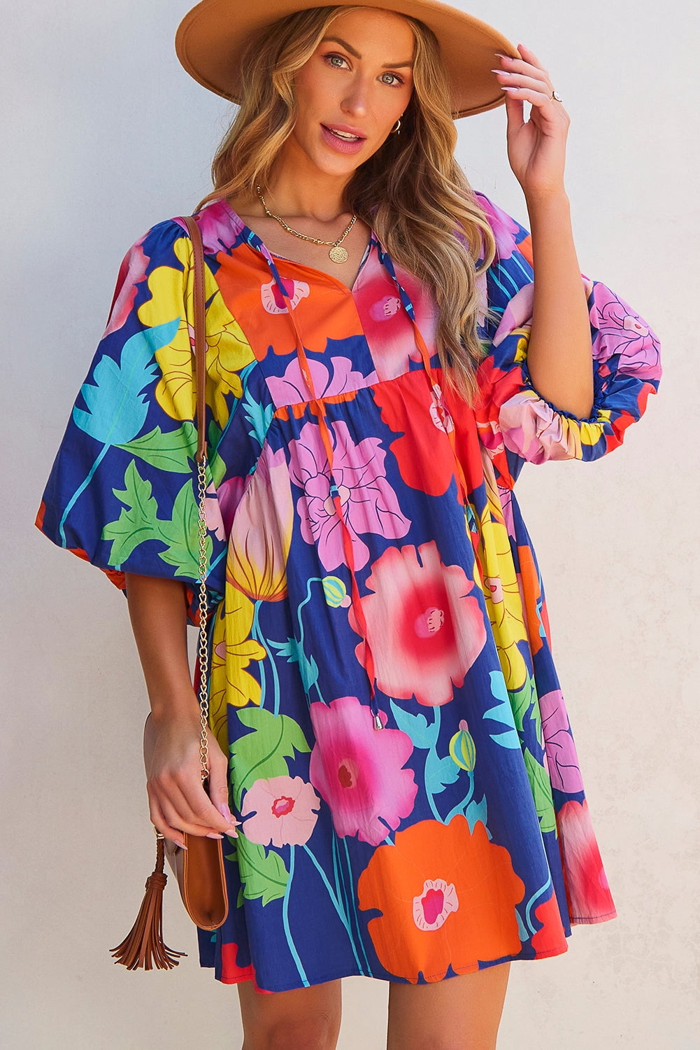 FASHION JUNKY Dark Blue Floral Print Split Neck Babydoll Dress