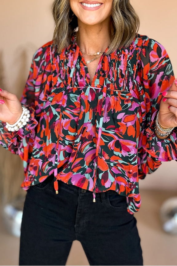FASHION JUNKY Red Dahlia Abstract Floral Shirred Detail Puff Sleeve Blouse (RedDahlia, XL, 100%Polyester)