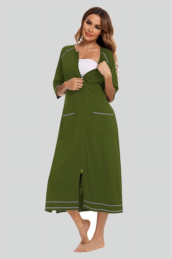 Zip Up Slit Round Neck Night Dress with Pockets (ArmyGreen, 2XL)