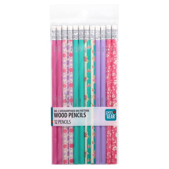 Pen+Gear Unsharpened Wooden Pencils, Mixed Patterns, #2 HB, Assorted Colors, 12 Count
