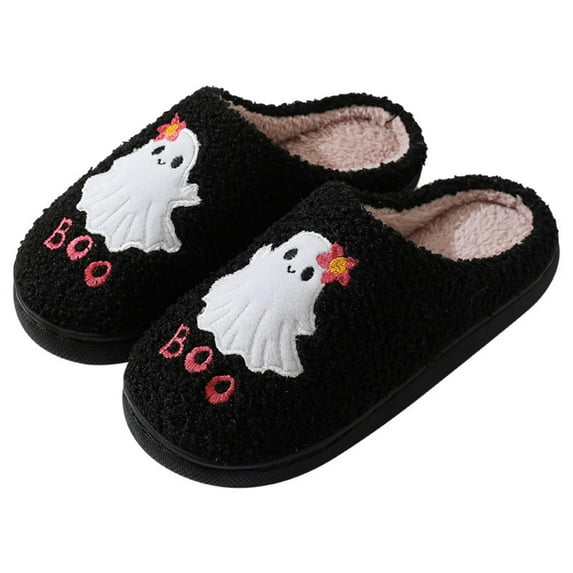 FASHIONBANANA New Women's Halloween Comfortable Warm Cute Cartoon Ghost Style Winter Cotton Slippers Thick Bottom Anti slip Home Indoor Cotton Slippers for Men and Women Couples
