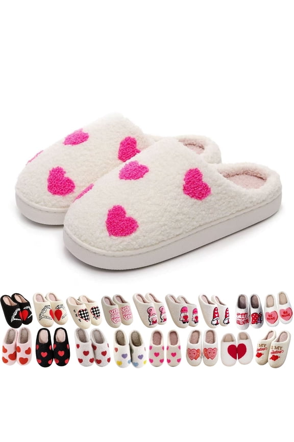 Valentine's Day Slippers for Women and Men Holiday Slippers Indoor Bedroom Fluffy Warm Fleece Slippers Winter Soft Cozy Home Non-Slip Soft Plush Slip-on Wool Lined House Shoes