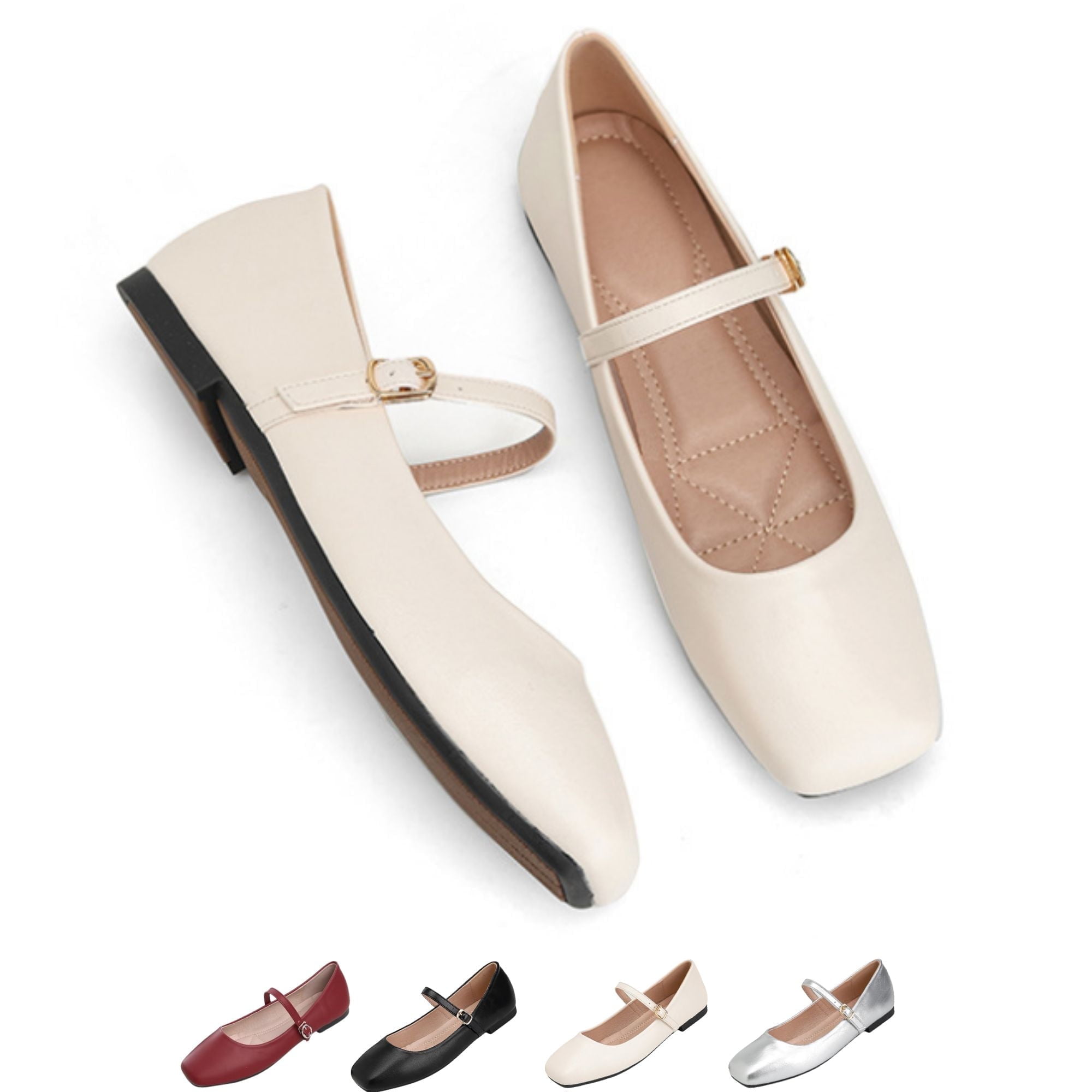 FASHIONBANANA Vintage Mary Jane Flats for Women Square Toe Comfort ...