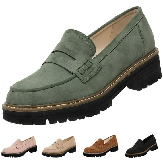 CHICVOMEY Vintage Penny Loafers for Women Slip On Platform Shoes with Lug Sole Arch Support Comfort Non-Slip Work Shoes for office Business Casual