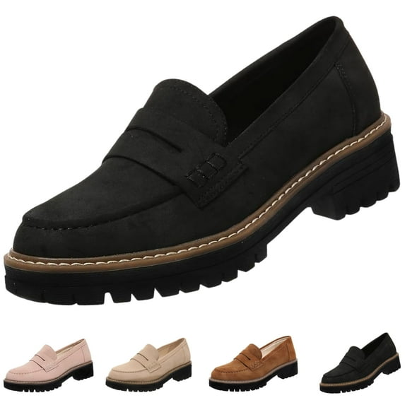 CHICVOMEY Vintage Penny Loafers for Women Slip On Platform Shoes with Lug Sole Arch Support Comfort Non-Slip Work Shoes for office Business Casual