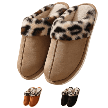 PPCHVOMEY Women's Leopard Print Memory Foam Slippers Cozy Faux Fur Indoor Outdoor Rubber Sole Anti-Skid House Shoes