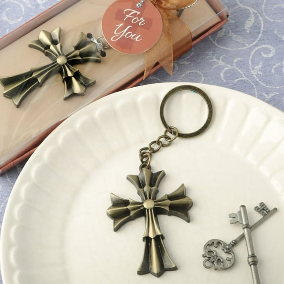 FASHIONCRAFT 6168 Flared Cross Keychain, Antique Gold Keychain, Gift Favor, Communion Favor, Christening Favor, Baptism Favor, Pack of 36