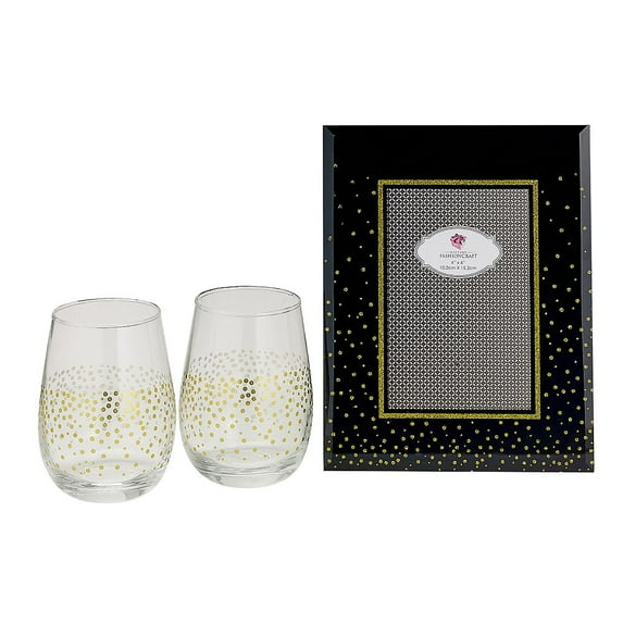 FASHIONCRAFT 82475 Golden Splendor Stemless Champagne Toasting and Deluxe Picture Frame Set, Gift Favor, Wedding Favor, 4 x 6 Photo Frame