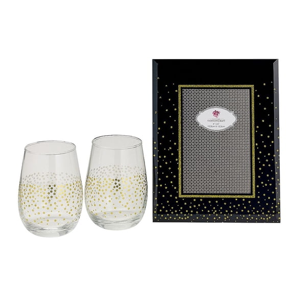 FASHIONCRAFT 82475 Golden Splendor Stemless Champagne Toasting and Deluxe Picture Frame Set, Gift Favor, Wedding Favor, 4 x 6 Photo Frame