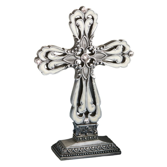 FASHIONCRAFT 8639 Pewter Color Cross Statue with Ivory Enamel Inlay, Religious Favor, Baptism Favor, Event Favor, 1-Piece