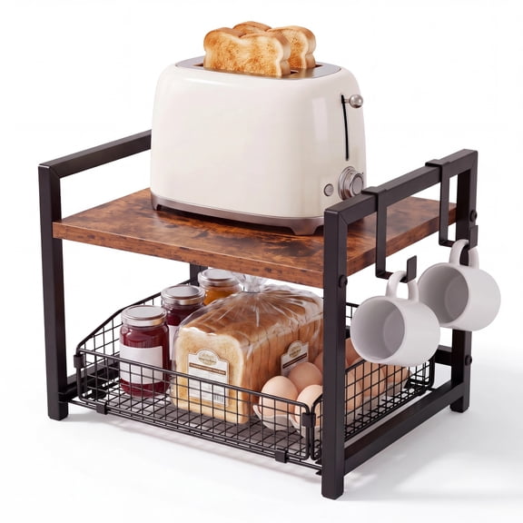 FASHIONFRI 2 Tier Spice Rack Countertop Organizer, Coffee Bar Organizer with Sliding Basket & 2 Hooks, Pantry Storage Shelf for Kitchen Counter, Rustic Brown | 1 Basket