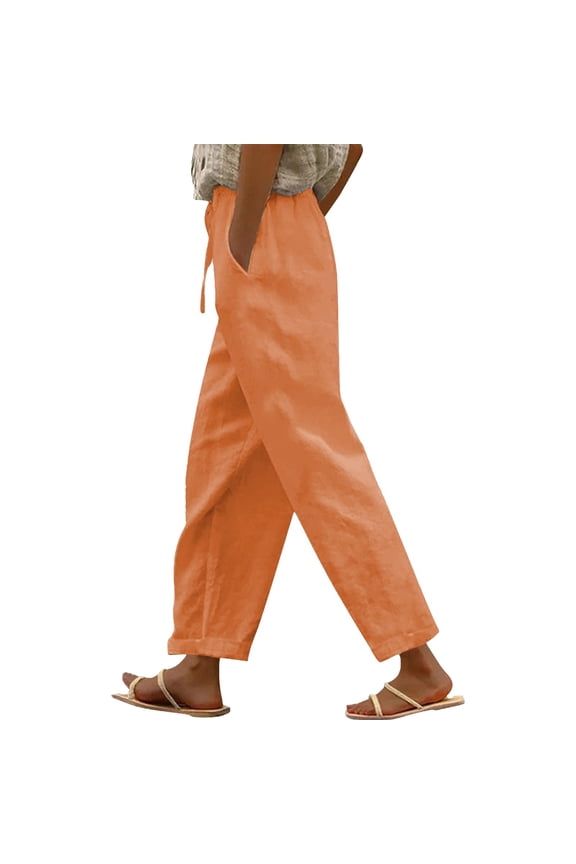 Fashion Casual Pants For Women Straight Elastic Long Linen Waist Cotton Slit Trouser Legs Pants
