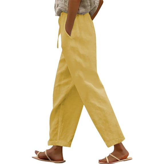FASHIONPANT Fashion Casual Pants For Women Straight Elastic Long Linen Waist Cotton Slit Trouser Legs Pants