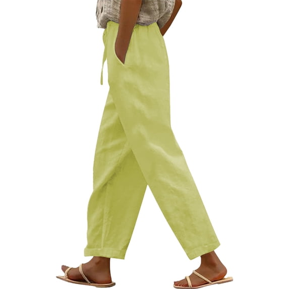 FASHIONPANT Fashion Casual Pants For Women Straight Elastic Long Linen Waist Cotton Slit Trouser Legs Pants