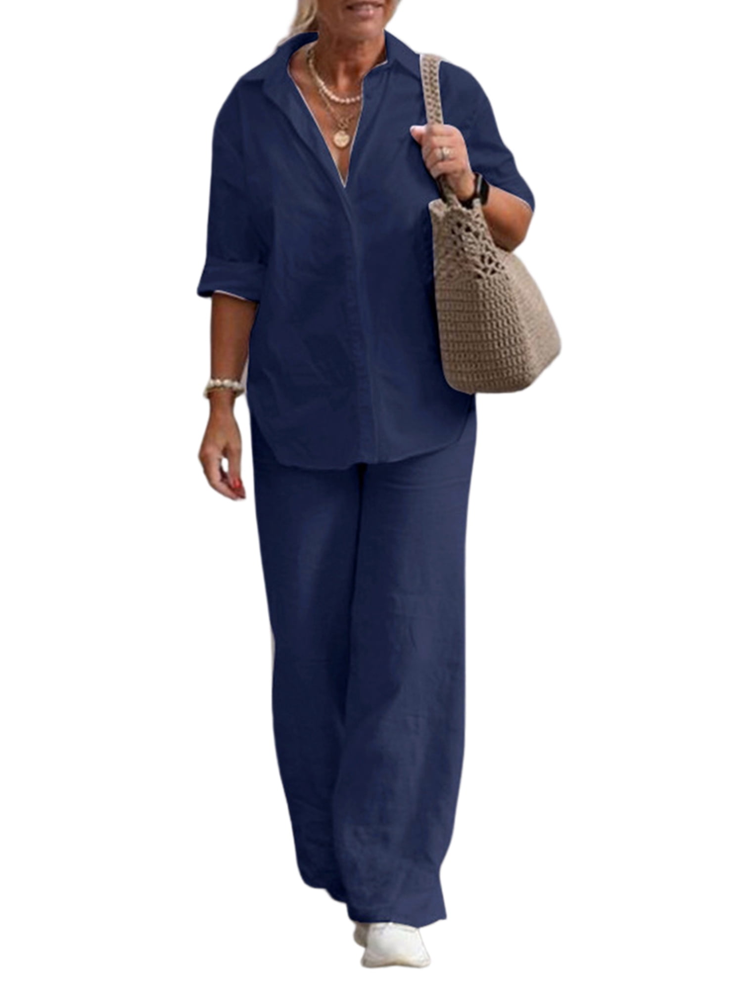 FASHIONWT Basic Loose Loungwear Long Sleeve Shirts Baggy Pants Summer