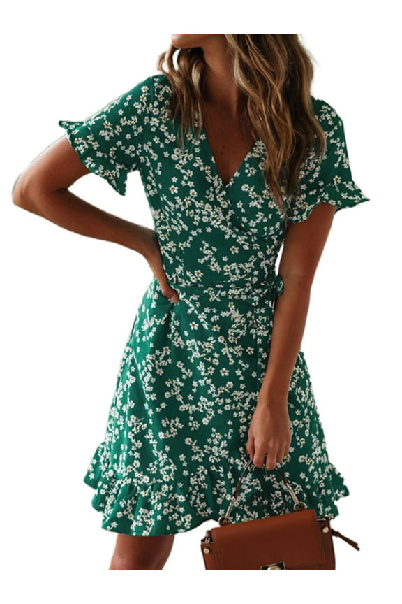 Boho Floral Printing Ruffle Hemline Summer Mini Chiffon Women Wrap Dress